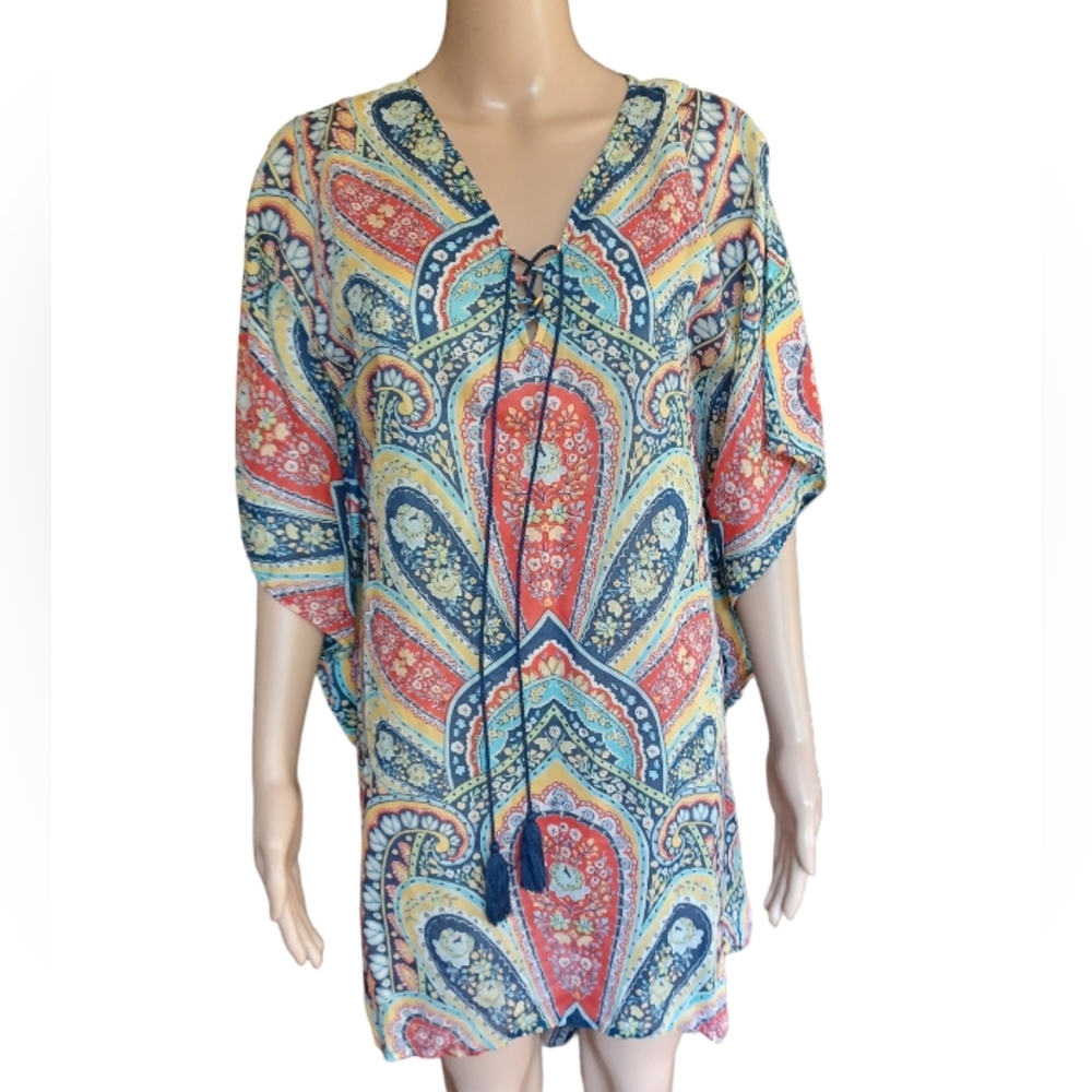 J McLaughlin Womens Boho Oversized Tasseled Tunic Top Multicolor Floral XS